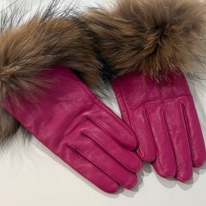 New Pink Leather Gloves with Fur Trim